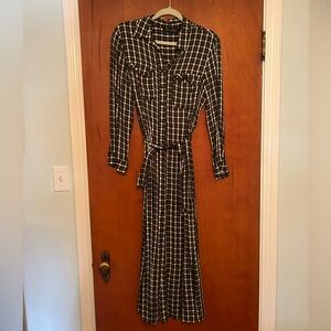 Zara Plaid Green and White Maxi Shirt Dress with Tie Waist
